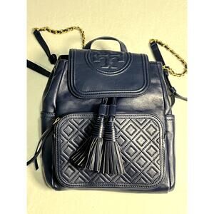 TORY BURCH Fleming Navy Blue Leather Quilted Backpack